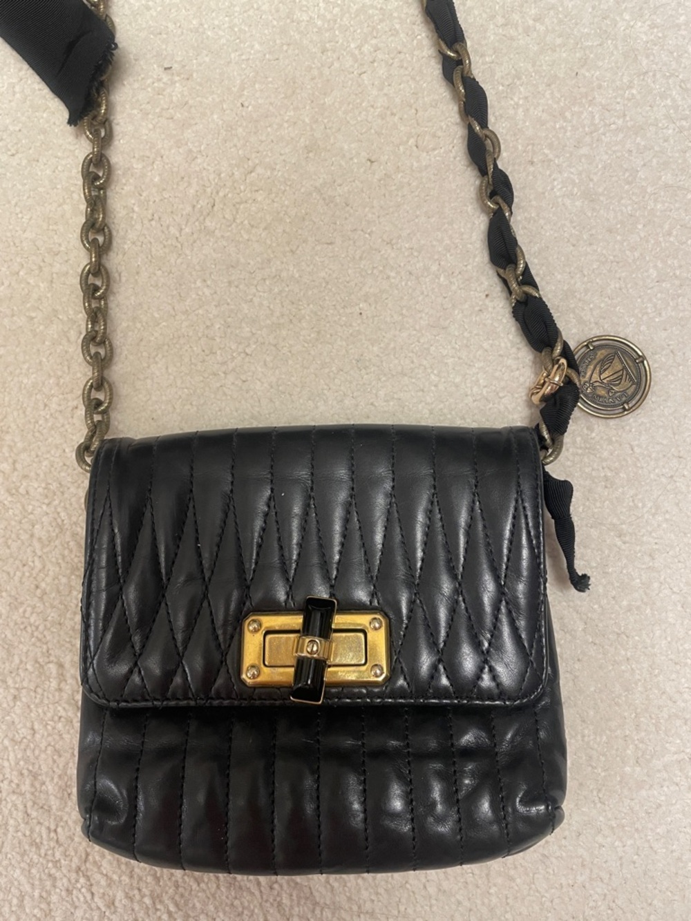 Lanvin Paris authentic black quilted bag with gold chain shoulder strap EUC